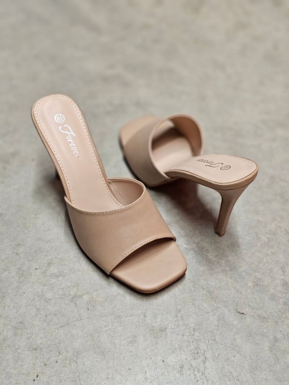 Open Toe Nude Stiletto Heels Faux Leather Slip-On Sandals Square-Toe Design Wome